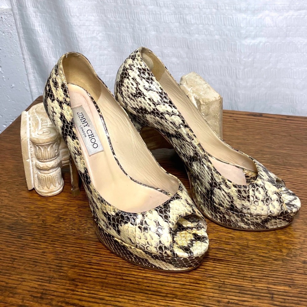 Jimmy Choo Luna Python Snakeskin Platform Pumps Peep Toe Heels EU38 US7.5/8*Read